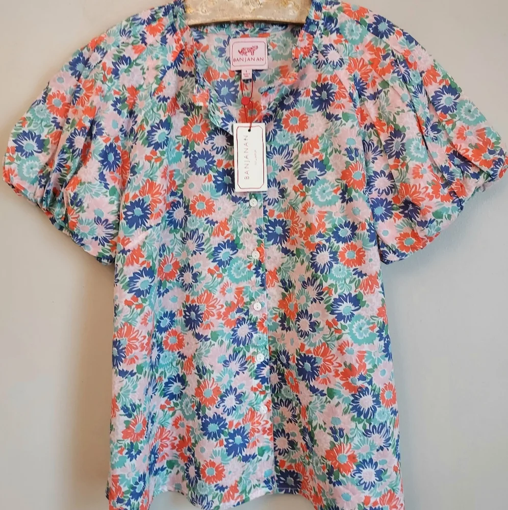 Anthropologie Banjanan Tammy Top Floral Short Puff Sleeve Blouse Large NEW NWT